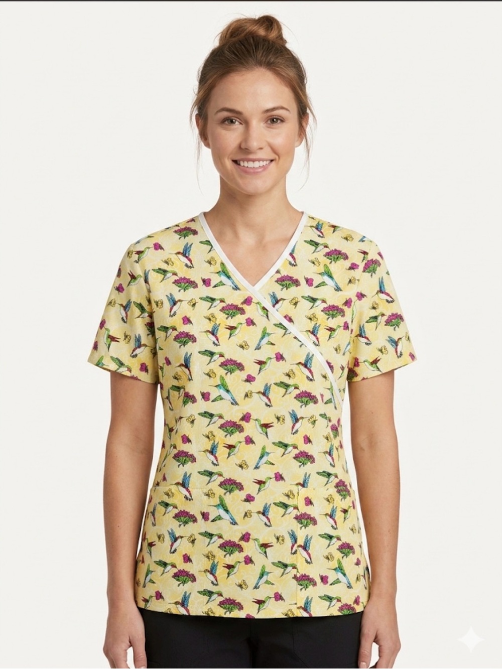Southern Scrubs Yellow Hummingbird Floral Scrub Top Womens S(A704)